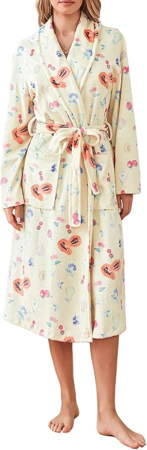 Women Fleece Floral Fruit Print Bathrobe Soft Flannel Lounge Robe Cute Fall Robe Lightweight Warm Gown with Belt