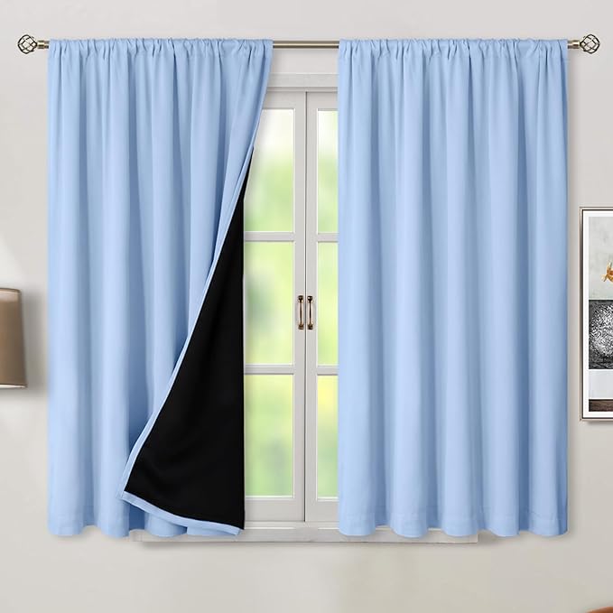 BGment Light Blue 100% Blackout Curtains 45 Inches Long with Thermal Liner, Room Darkening Double Layer Rod Pocket and Back Tab Window Curtains for Bedroom Kids Room (52 x 45 Inch, 2 Panels)