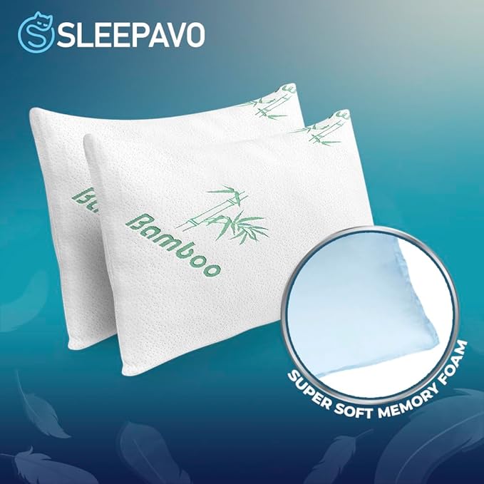 Memory Foam Pillows Queen Size Set of 2 - Cooling Bed Pillows for Sleeping - Back, Stomach, Side Sleeper Soft, Comfy Cool Shredded - 2 Pack, Rayon Derived from Bamboo