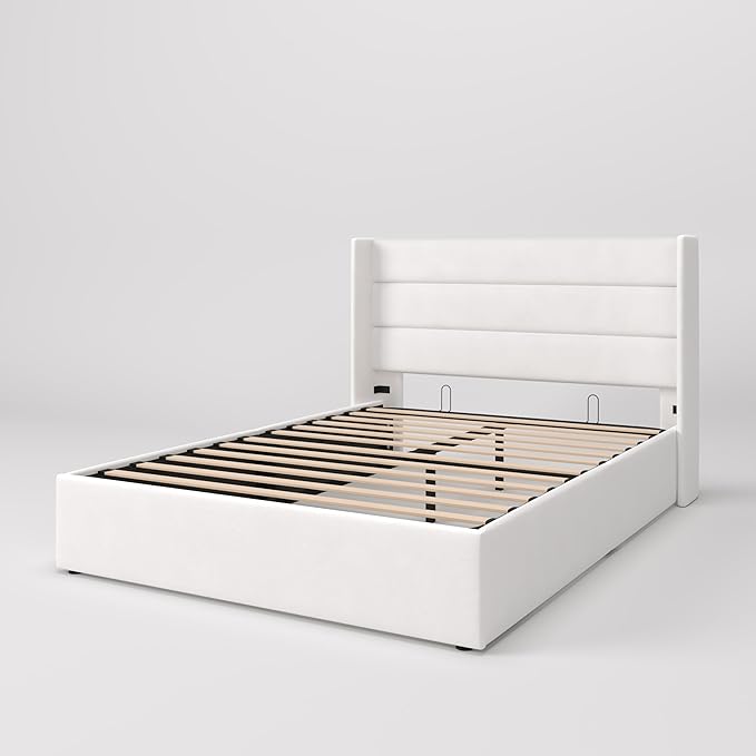 SHA CERLIN Full Size Lift Up Storage Bed/Velvet Upholstered/Modern Wingback Headboard/Upholstered Platform Bed Frame/Hydraulic Storage/No Box Spring Needed/White