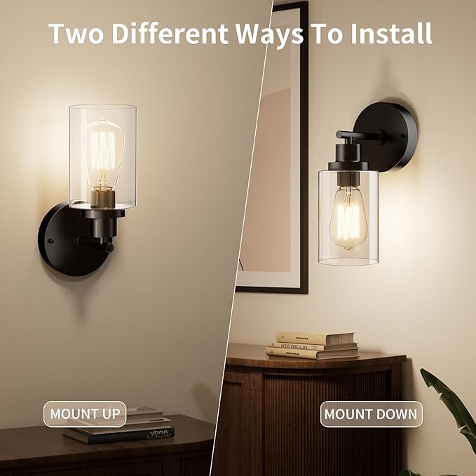 Black Wall Sconce Light: Modern Wall Sconces Indoor, LED Wall Light Fixtures with E26 Base and Clear Glass Shade, Sconces Wall Lighting for Hallway, Bedroom, Living Room, and Mirror