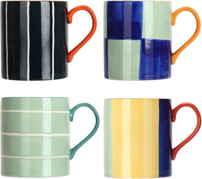 Koja Colorful Hand Painted 16 oz. Porcelain Ceramic Mugs Set. Service for 4.