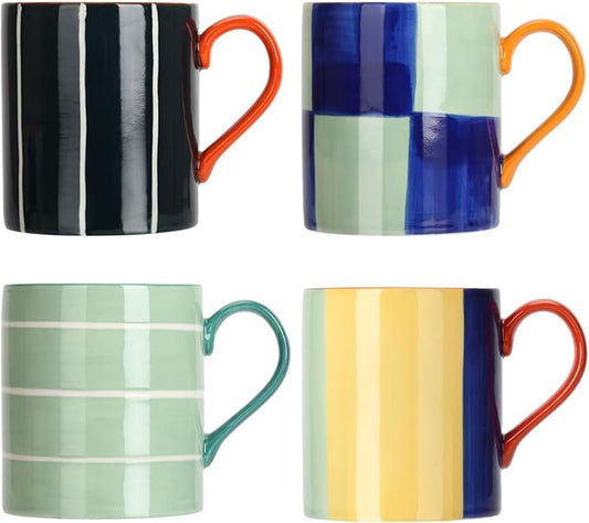 Koja Colorful Hand Painted 16 oz. Porcelain Ceramic Mugs Set. Service for 4.