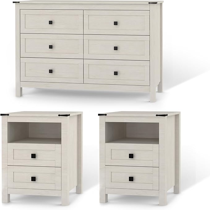 Farmhouse Bedroom Set, 3 Pieces Bedroom Furniture Set, Rustic Wood 6 Drawer Dresser and Nightstands, Chest of Drawers Wide Storage Organizer Cabinet for Bedroom