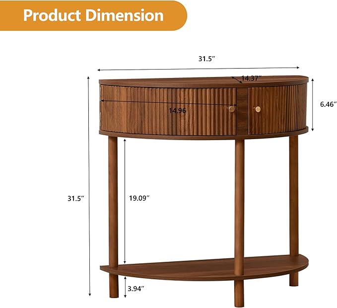 Fluted Half Moon Console Table, Modern Small Entry Sofa Table with Storage, Solid Wood Legs Narrow Entryway Table for Living Room, Hallway, Foyer(Walnut)
