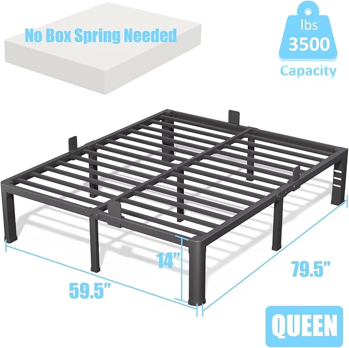 FUIOBYVV 14 Inch Queen Bed Frame with Rounded Corner and Headboard Hole Mattress Retainers 3500 LBS Metal Heavy Duty Steel Slats Support No Box Spring Needed Platform Noise Free Easy Assembly