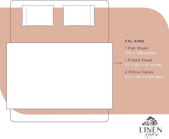 Linen Home 100% Cotton Percale Sheets California King Size, Tera Clay, Deep Pocket, 4 Pieces Set - 1 Flat, 1 Deep Pocket Fitted Sheet and 2 Pillowcases, Crisp Cool and Strong Bed Linen