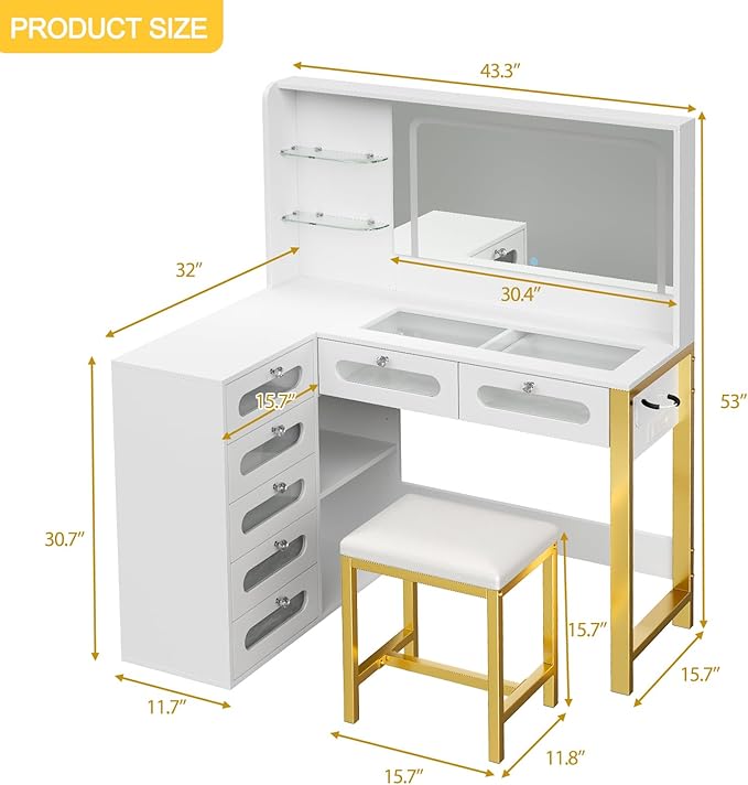 Vanity Desk with Mirror and Lights, 43" Big Modern Vanity Desk, Transparent Top Vanity with 2 RGB Drawers, with Power Outlet & Stool, Modern Ample Storage Dressing Table, White