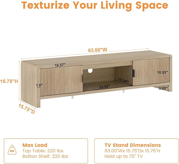FATORRI TV Stand for TVs up to 75/65/55 Inch, Wood Entertainment Center with Storage, Farmhouse Waveform Fluted-Door Television Media Console for Living Room, Bedroom (63 Inch W, Light Walnut)