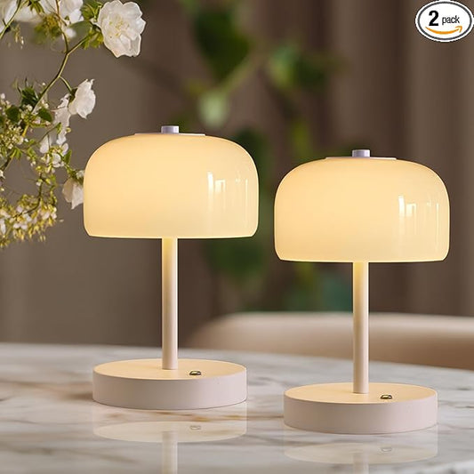 Oneach 9in Cordless LED Mushroom Table Lamp Touch 3 Way Dimmable Bedside Small Lamp Battery Operated Rechargeable Modern Nightstand Desk Lamp for Bedroom Living Room Restaurant White(2 Pack)