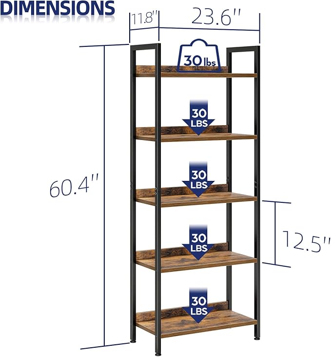 NUMENN Bookshelf, 5 Tier Bookshelves, Home Office Bookcase Shelf Storage Organizer, Free Standing Storage Shelving Unit for Bedroom, Living Room and Home Office, Vintage
