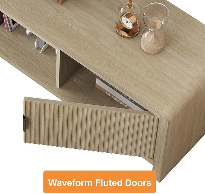 FATORRI TV Stand for TVs up to 75/65/55 Inch, Wood Entertainment Center with Storage, Farmhouse Waveform Fluted-Door Television Media Console for Living Room, Bedroom (63 Inch W, Light Walnut)