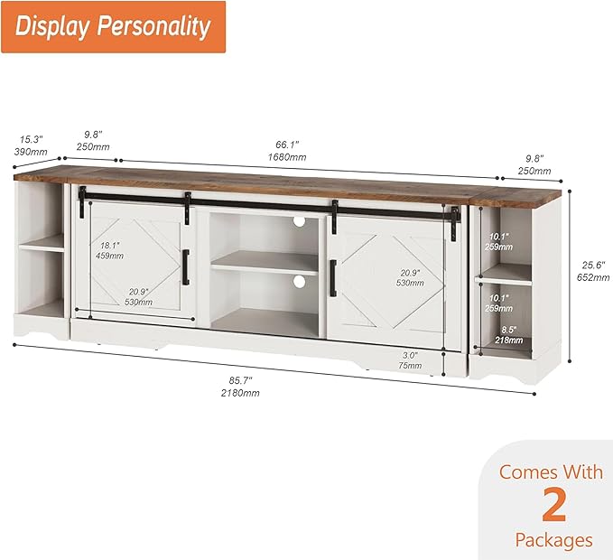 WAMPAT Modern Farmhousen TV Stand for up to 95" TVs,3-in-1 Wood Entertainment Center with Sliding Barn Door and Adjustable Media Storage Shelf for Living Room,Cream White