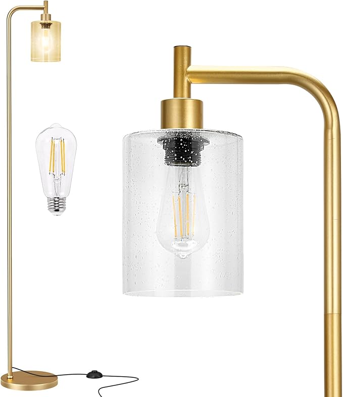 Floor Lamps for Living Room - Standing Lamp with Seeded Glass Shade, Modern Gold Floor Lamp with LED Bulbs, Bright Industrial Floor Lamp for Bedroom, Tall Lamp for Office - Gold