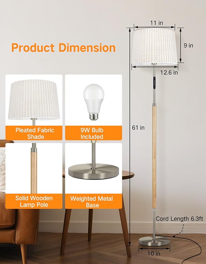 OUTON Wood Floor Lamp, Mid Century LED Modern Dimmable Standing Lamp with Remote & Touch Control, 4 Color Temperatures, Tall Floor Lamps for Living Room, Bedroom, Office, Wood