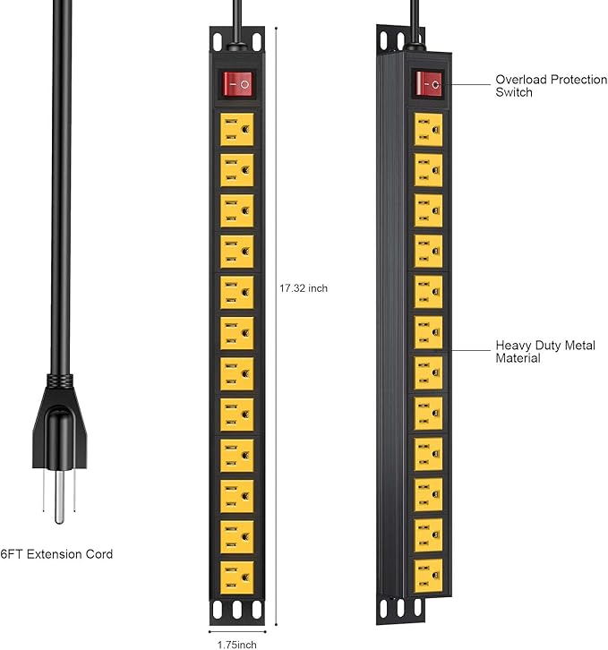 BTU Power Strip Surge Protector Rack-Mount PDU, 12 Outlet Power Strip with Switch, Metal Mountable Heavy Duty for Server Racks, Garage Shop, Industrial Commercial (Yellow 6FT)
