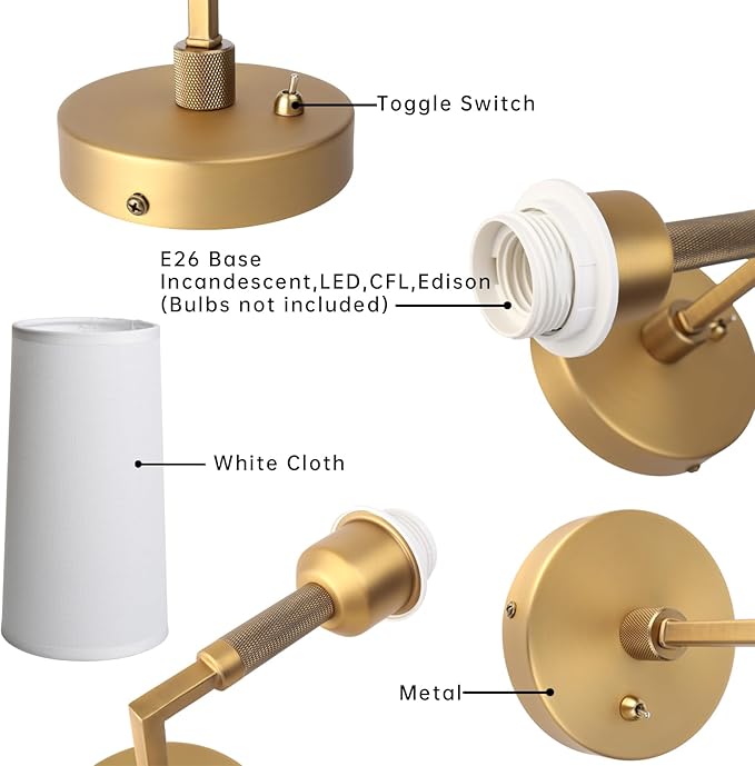Brass Wall Sconces Set of Two, Hardwired White Fabric Shade Wall Lamps, Bathroom Vanity Lights Fixture with Switch, Indoor Wall Lights for Bedroom Living Room Corridor