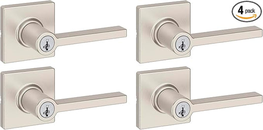 Kwikset Casey Entry Door Handle with Lock and Key, Secure Keyed Reversible Lever Exterior, for Front Entrance and Bedrooms, Satin Nickel, 4 Pack, Pick Resistant SmartKey Rekey Security and Microban