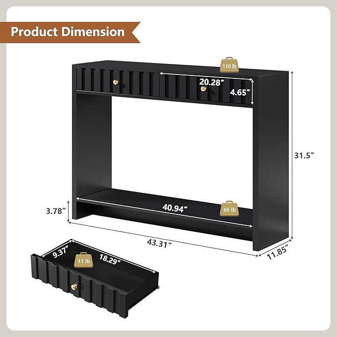 Console Table with Drawers, Narrow Mid-Century Fluted Entryway Table Sofa Table with Storage Shelf, Wood Entry Table Accent Behind Couch Table for Entrance, Hallway, Living Room (Black)