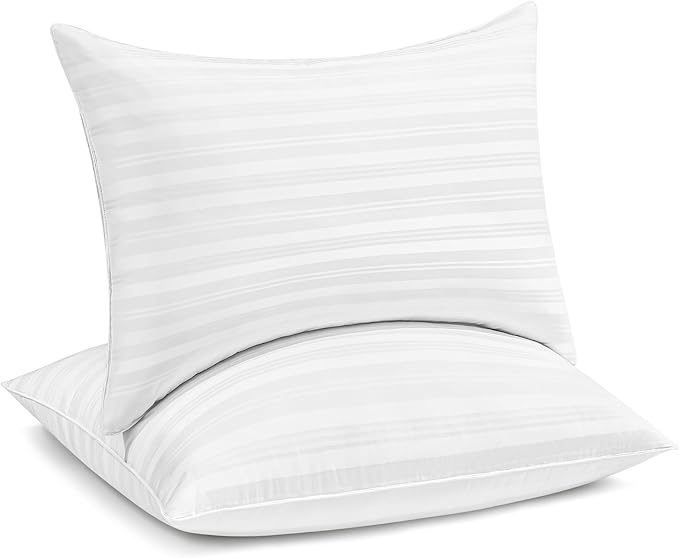 puredown® Goose Feather Down Pillows, Luxury Hotel Collection Bed Pillows for Sleeping Set of 2, 100% Cotton Cover with Silver Stripe, Queen Size