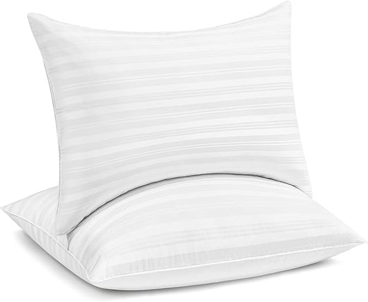 puredown® Goose Feather Down Pillows, Luxury Hotel Collection Bed Pillows for Sleeping Set of 2, 100% Cotton Cover with Silver Stripe, Queen Size