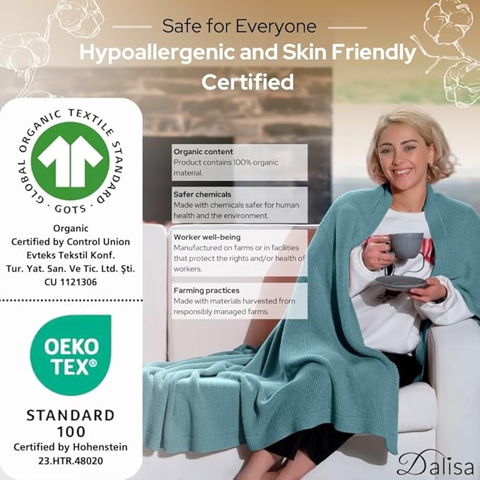 Dalisa 100% Organic Turkish Cotton Throw Blanket - GOTS Certified, Cozy - Perfect for Couch, Bed, and Home Decor - Boho Vintage Knit Alina (Smoke Blue, 60x80)