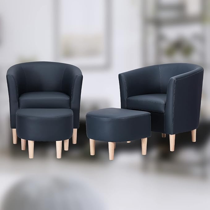 DAZONE Mid Century Modern Accent Chair Set of 2 Faux Leather with Ottoman - Comfy Armchair for Living Room, Bedroom & Reading Room - Navy Blue