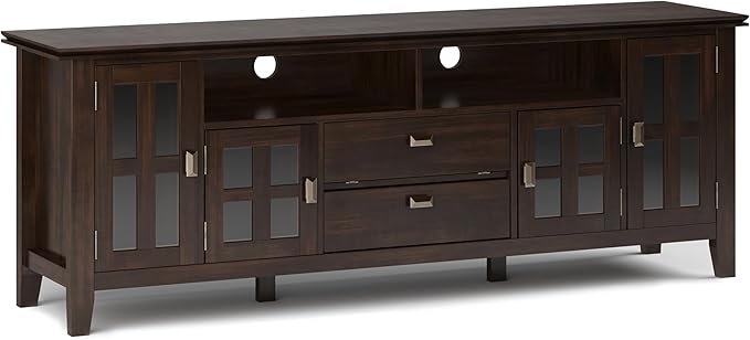 SIMPLIHOME Artisan SOLID WOOD 72 inch Wide Transitional TV Media Stand in Tobacco Brown For TVs up to 80 inches for the Living Room and Entertainment Center