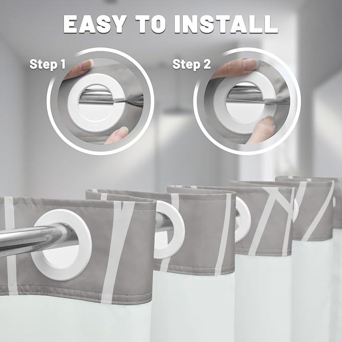 No Hook Light Grey Striped Shower Curtain with Snap in Liner Set - Hotel Shower Curtain and Liner Set with See Through Mesh Top Window,Machine Washable, 71x74 INCH