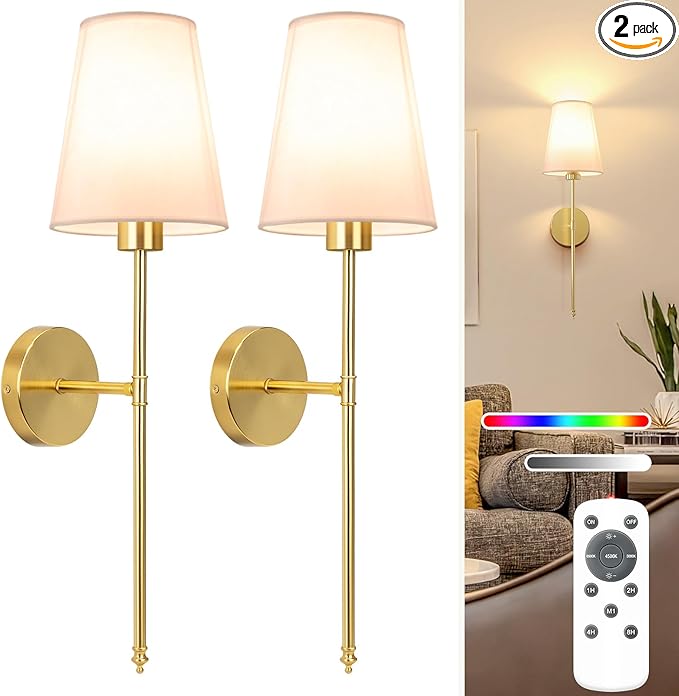 NIORSUN 25.4 inch Battery Operated Wall Sconce Set of 2,Gold Rechargeable Wall Lights with 5200mAh Dimmable Detachable Bulbs and Remote,9 Colors Wireless Sconces for Bedroom Living Room Hallway