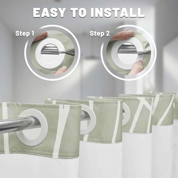 No Hook Ombre Sage Green Striped Shower Curtain with Snap in Liner Set - Hotel Shower Curtain and Liner Set with See Through Mesh Top Window,Machine Washable, 71x74 INCH