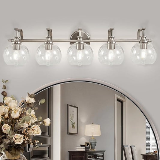 ANDY STAR 5-Light Brushed Nickel Bathroom Light Fixture, 35" Large Wall Sconce, Glass Globe Design, Perfect for Large Bathrooms, Double Vanities, Elegant Linear Design