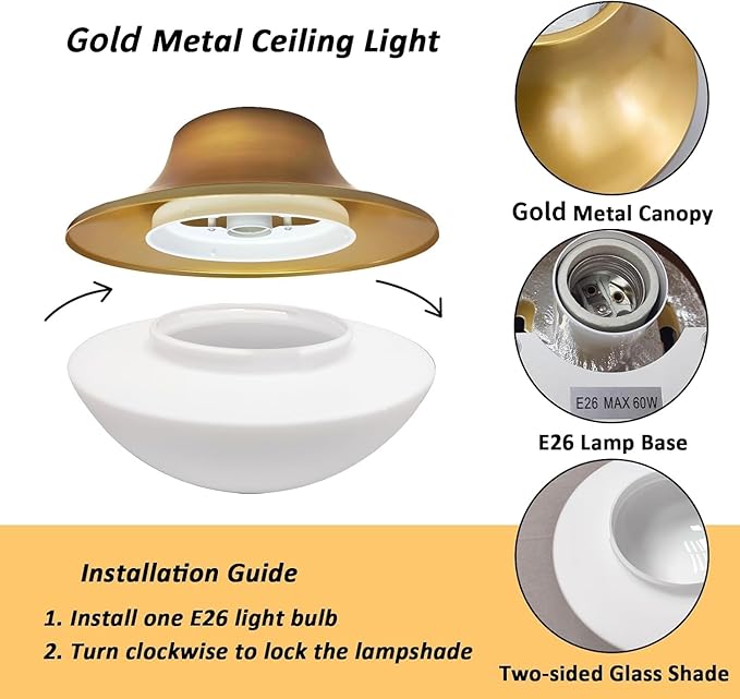 Modern Gold Semi Flush Mount Ceiling Light Fixture Brass Orange Round Bowl Shape Milk Glass Light Fixture Ceiling Mount for Bathroom Bedroom Hallway Entrance Staircase Office Living Room