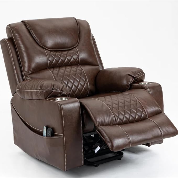 Oversized Power Lift Recliners, Lift Recliner Chairs with Heat and Massage for Elderly, Comfortable Extra Wide Recliner Features Cup Holder for Big and Tall Men (Brown Leather)