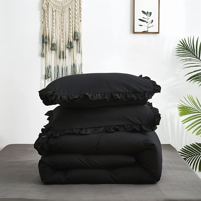 Luxlovery Black Ruffle Comforter Set King Pure Farmhouse Bedding Shabby Boho Taupe Blanket Quilts Vintage Chic All Dark Color for Bed Women Men, Black,