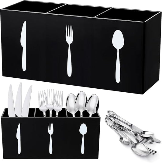 Suzile Acrylic Cutlery Storage Organizer Bin Silverware Caddy Countertop Knife Spoon and Fork Holder Kitchen 3 Section Tableware Storage Box for Cabinet Indoor Home Flatware Dining Room (Black,M)