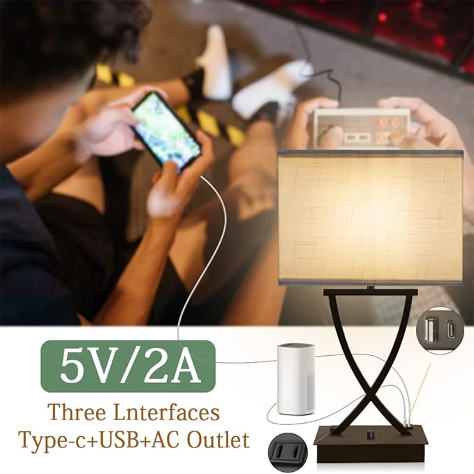 Fully Dimmable Medium Table Lamp for Bedroom with Type C/USB Charging Port and 1 AC Outlet White Shade 21.38" Bedside Nightstand Lamp for Bedroom Living Room Office and Hotel Bulb Included