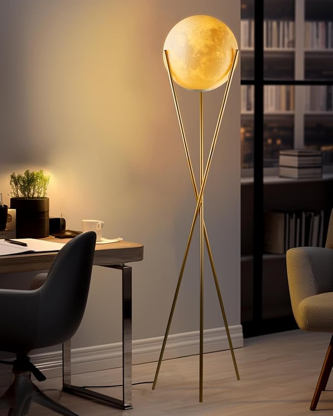 Lightdot 66" Globe Moon Floor Lamp for Living Room Modern Gold Tripod Floor Lamp with 3D Printing Frosted Shade E26 300K Bulbs Included Mid Century Tall Pole Lamp for Bedroom Office