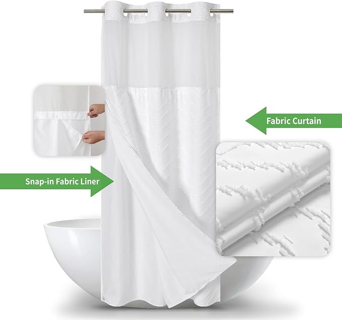 No Hook Boho Farmhouse Shower Curtain with Snap-in Fabric Liner set-36Wx74H(72H),White Tufted Chevron Striped Hotel Grade Cloth Shower Curtains for Bathroom with Window,Water Repellent