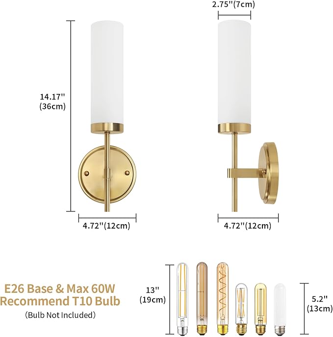Gold Wall Sconces, Modern Bathroom Vanity Light Fixtures, Sconces Wall Decor Set of 2, Wall Lamps with Frosted Glass, Indoor Wall Lights for Bedroom Living Room Hallway