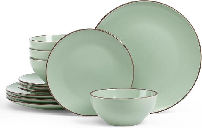 Famiware Venus Plates and Bowls Sets, 12 Pieces Stoneware Speckled Dinnerware Sets, Dishes Set for 4, Microwave and Dishwasher Safe, Matte Light Green