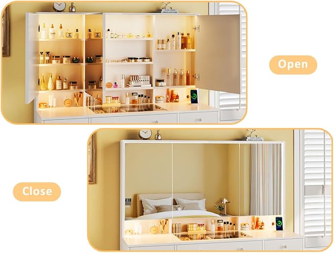 Vanity Desk with Mirror and Lights, 50" Makeup Vanity with Glass Top & Power Outlet, White Vanity with 11 Drawers & 8 Hidden Storage Shelves, 3 LED Lighting Modes Adjustable for Bedroom