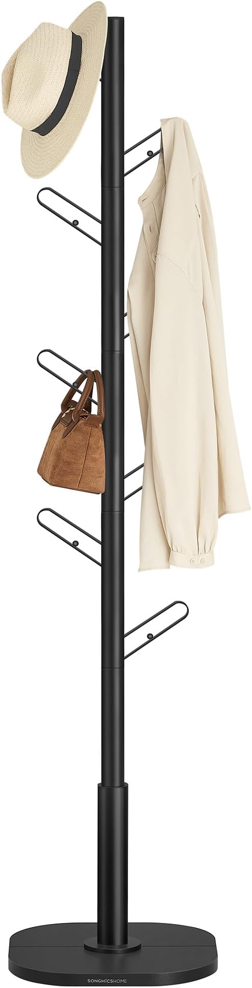 SONGMICS HOME Tree-Shaped Coat Rack, Freestanding, Stand with 8 Sturdy Hooks, with Curved Edges, 69 Inches Tall, for Clothes, Hats, Bags, Ink Black URCR037B01