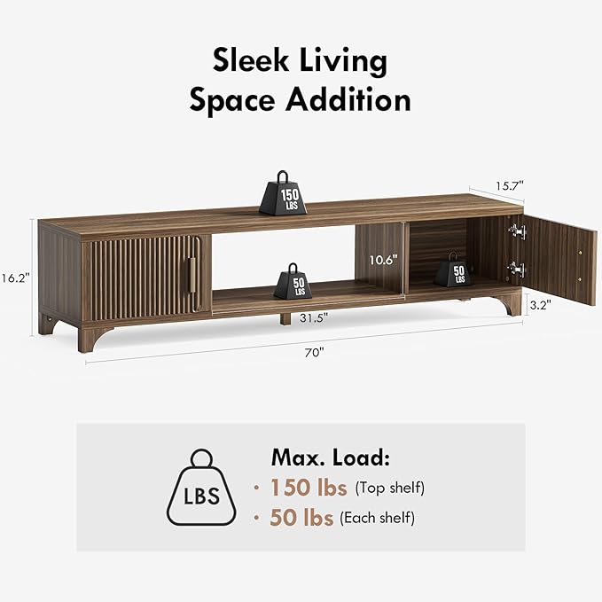 Mid Century Modern TV Stands for 65/70/75 Inch TV, Boho Media Console for Living Room, Fluted TV Entertainment Center with Storage, Wood Television Cabinet for Bedroom