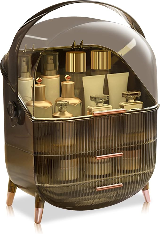 Ergocar Portable Retro Series Multi-Function Make Up Case Dustproof Cosmetic Storage Box,Cosmetics Skin Care Products Jewelry Organizer Case Finishing Box Bathroom Desktop - Retro Grey