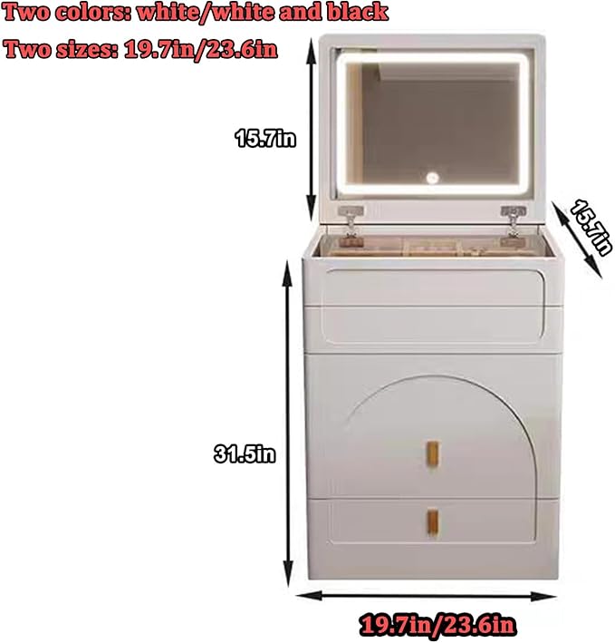 Compact Vanity Desk with Mirror, 3 in 1, Corner, Small Makeup with Stool, Flip Over Vanity Desk with Four Storage Areas and LED Mirror Light (White, 23.6in)
