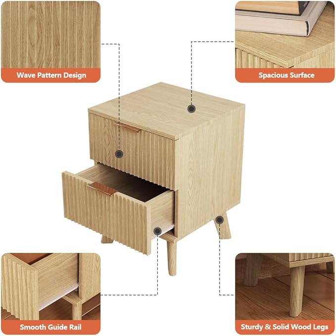 Fluted 2 Drawer Small Dresser for Bedroom, Mid Century Modern Nightstand with Drawers, Low Bedside Table with Drawers, End Table Short Storage, Living Room, Dorm -Natural