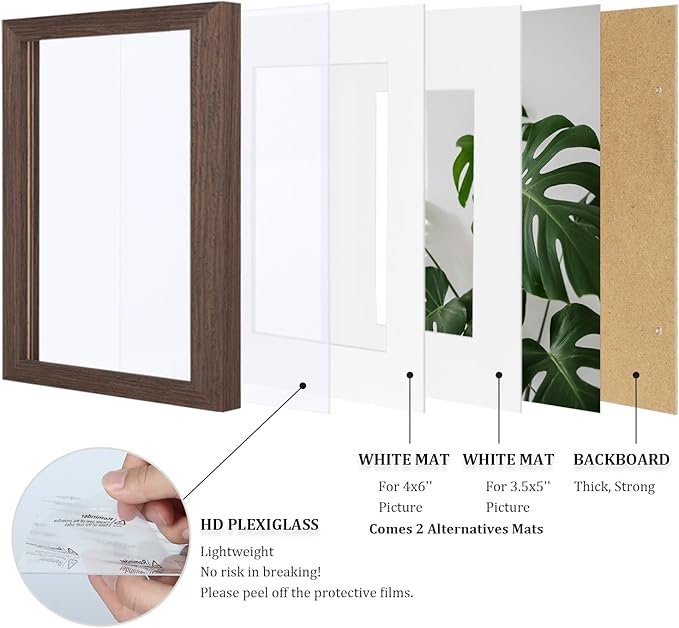 Egofine 5x7 Picture Frame Made of Solid Wood with Plexiglass, Display Pictures 3.5x5/4x6 with Mat or 5x7 Without Mat for Tabletop and Wall Mounting, Rustic Brown