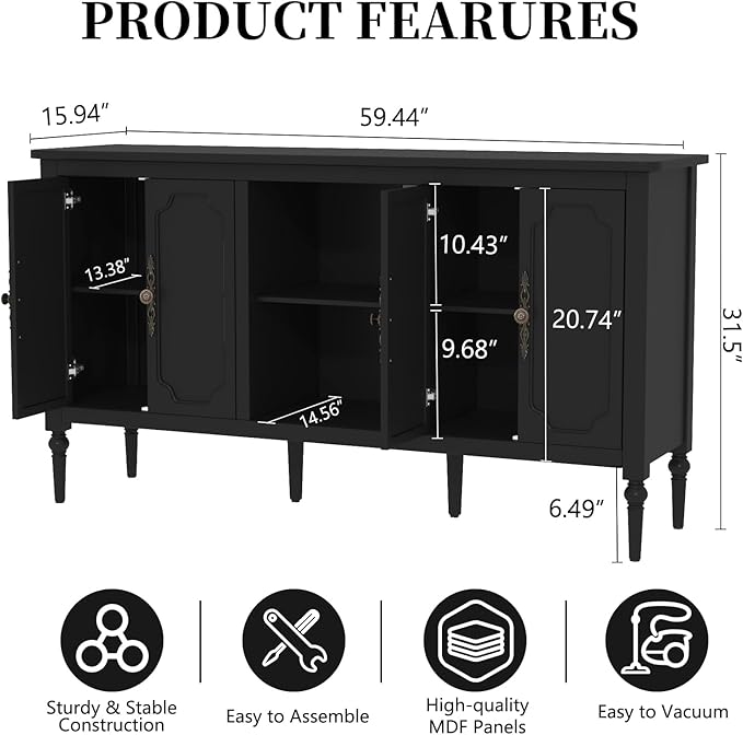 Vintage Buffet Sideboard Cabinet with 4 Doors, 59" Mid Century Modern Storage Cabinet with Shelf, Decorative Accent Credenza TV Stand (Black)