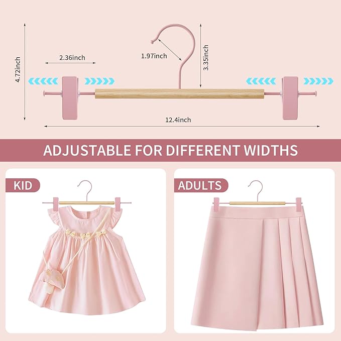 Wooden Pants Hangers with Clips 20 Pack Adjustable Wood Skirt Hangers for Women&Men Space Saving Closet Non Slip Clothes Hanger for Jeans,Trousers,Short,12Inch Pink